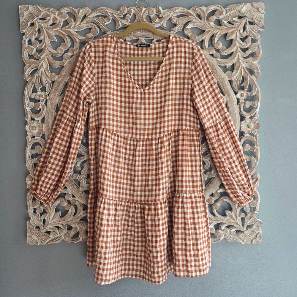 BTFBM‎ Plaid Dress Fall Orange  White Gingham Tiered Ruffle Hem Medium